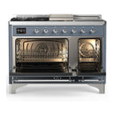 ILVE Majestic III 48-inch Dual Fuel Range with 5 Liquid Propane Burner, Griddle, French Top and Solid Door Electric Oven in Blue Grey with Chrome Trim (UM48FSQNR3BGCLP)