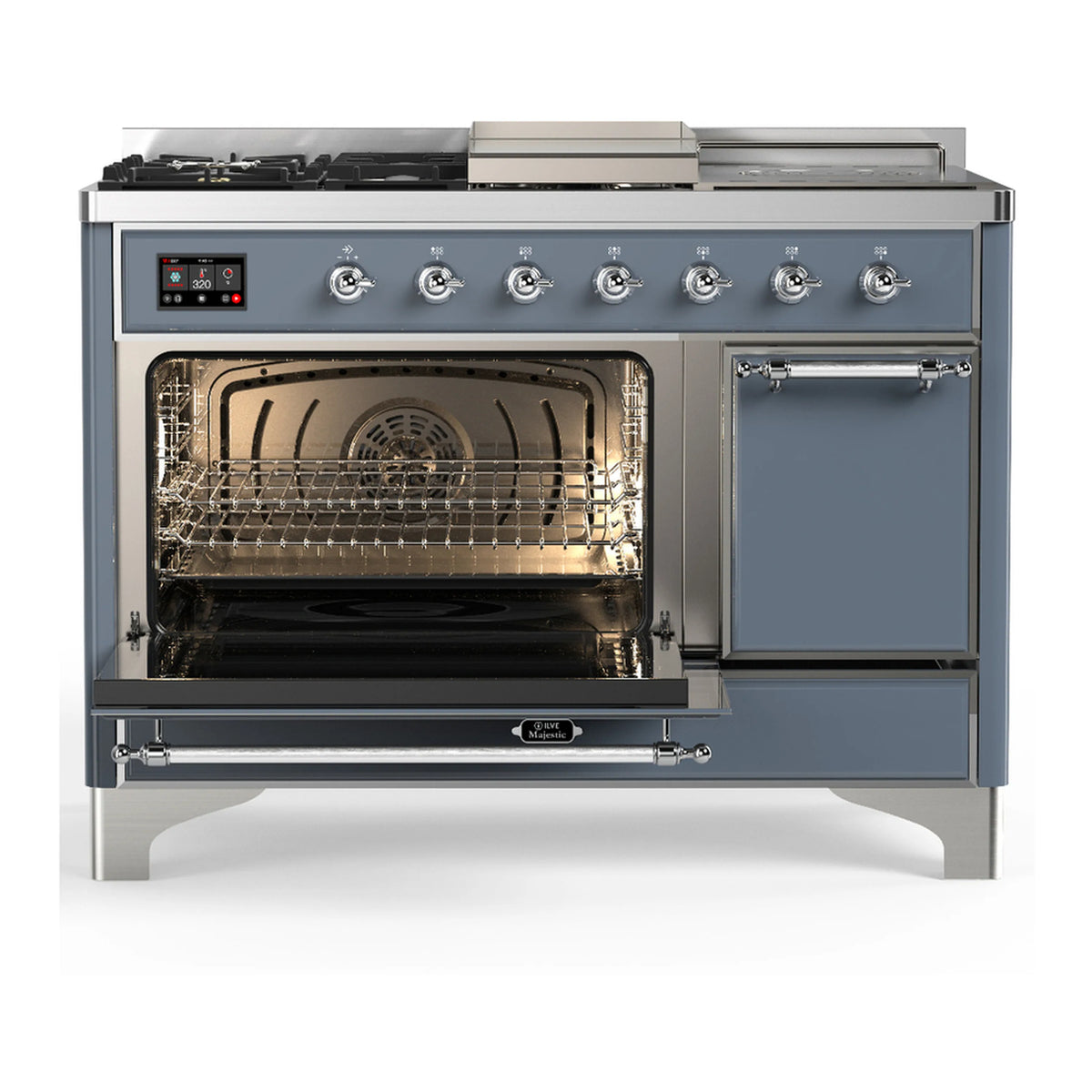 Blue grey dual fuel range with one oven door open, wire racks visible inside