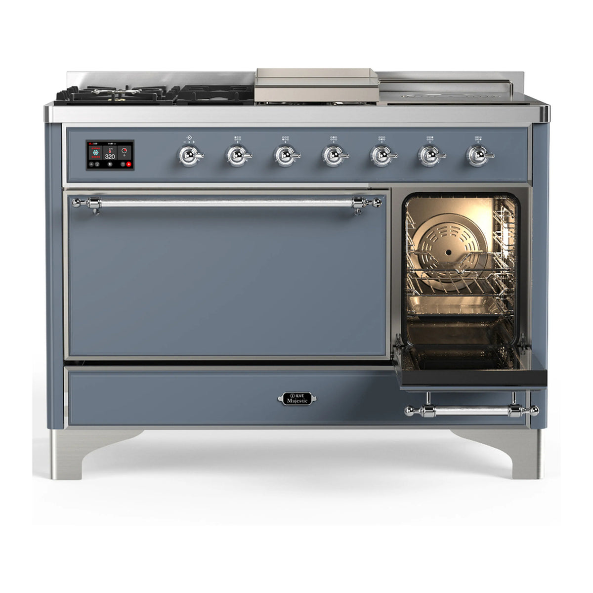 Blue grey dual fuel range with right oven compartment open and lit interior visible
