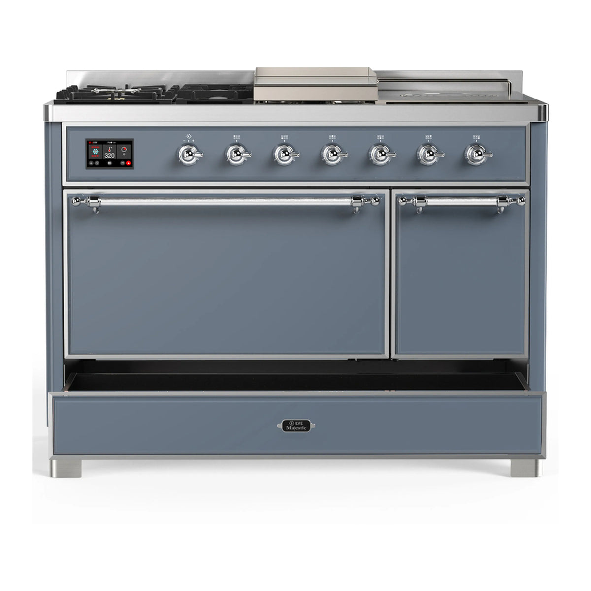 Blue grey dual fuel range with chrome trim, front oven doors and lower storage drawer closed