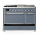 ILVE Majestic III 48-inch Dual Fuel Range with 5 Liquid Propane Burner, Griddle, French Top and Solid Door Electric Oven in Blue Grey with Chrome Trim (UM48FSQNR3BGCLP)
