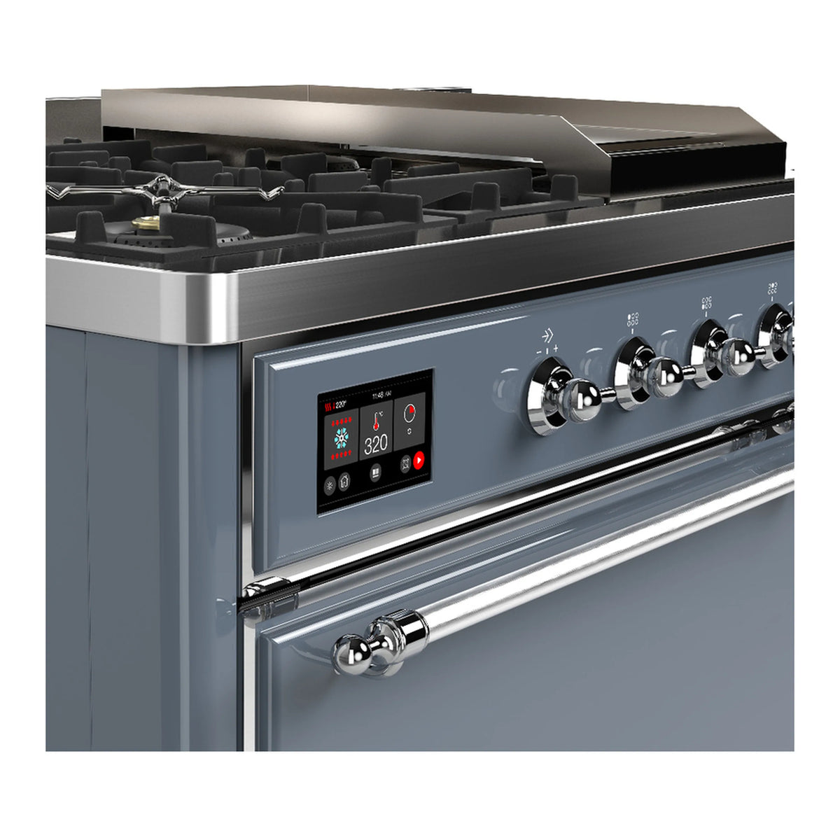 Blue grey dual fuel range control panel detail with digital display and chrome knobs