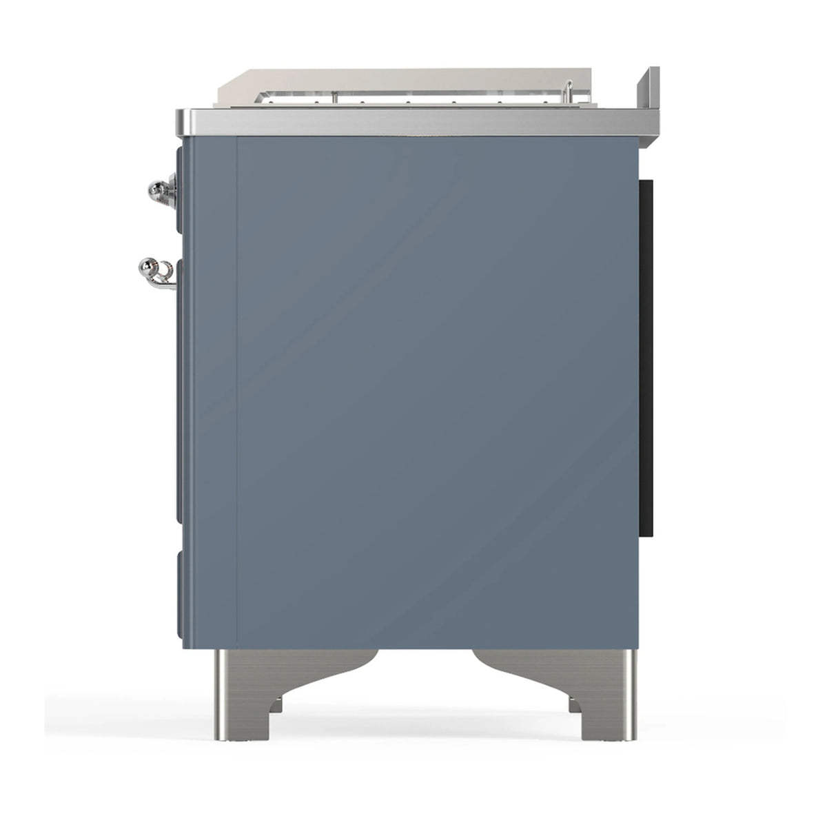 Blue grey back corner of dual fuel range with chrome side hardware and feet