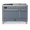 ILVE Majestic III 48-inch Dual Fuel Range with 5 Natural Gas Burner, Griddle, French Top and Solid Door Electric Oven in Blue Grey with Chrome Trim (UM48FSQNR3BGC)