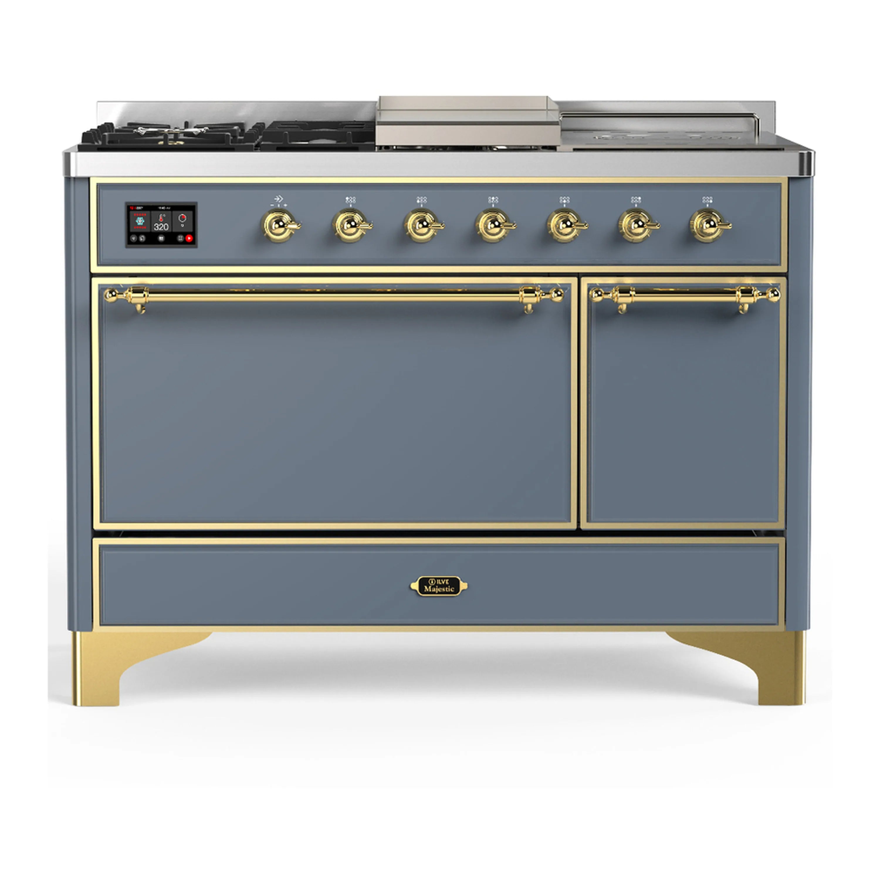 Blue grey dual fuel range with brass trim, two front doors and gold control knobs.