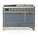 ILVE Majestic III 48-inch Dual Fuel Range with 5 Natural Gas Burner, Griddle, French Top and Solid Door Electric Oven in Blue Grey with Brass Trim (UM48FSQNR3BGG)