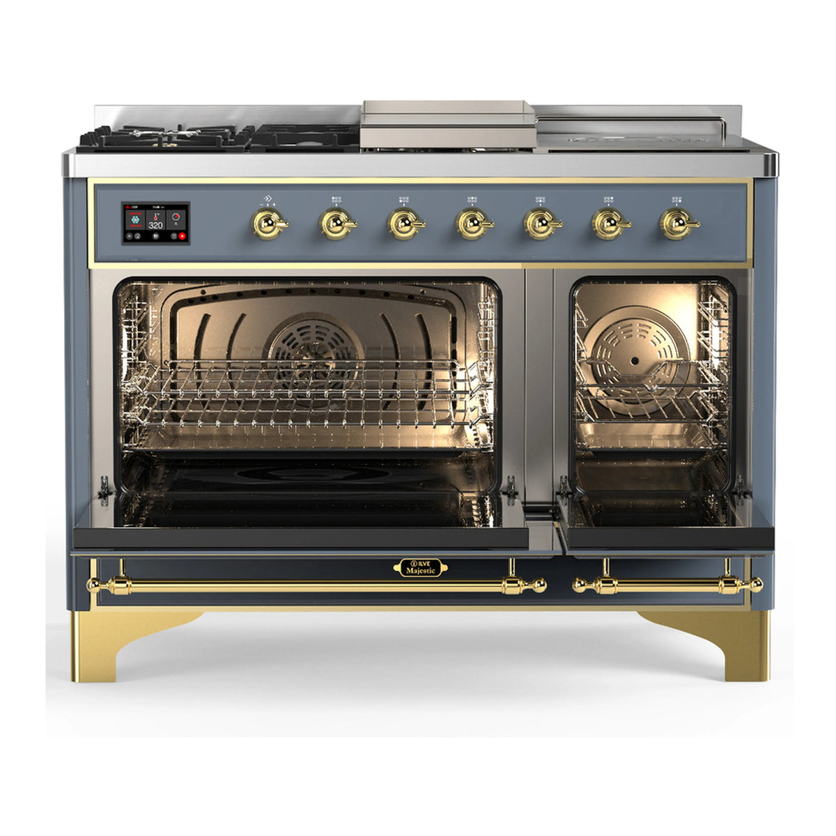 Blue grey dual fuel range with brass trim, oven doors open showing racks and interior.