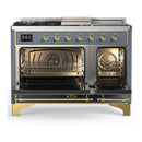 ILVE Majestic III 48-inch Dual Fuel Range with 5 Natural Gas Burner, Griddle, French Top and Solid Door Electric Oven in Blue Grey with Brass Trim (UM48FSQNR3BGG)