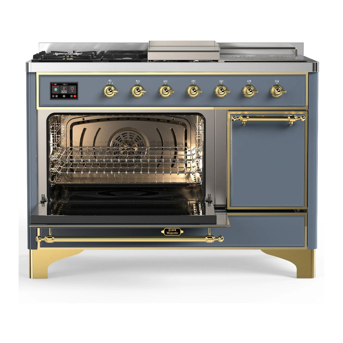 Blue grey dual fuel range with brass trim, open oven and left storage door