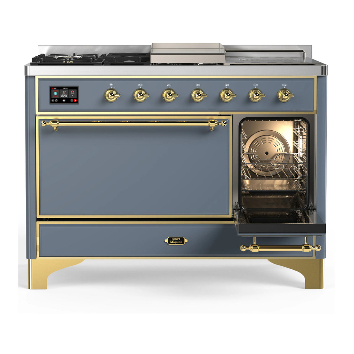 Blue grey dual fuel range with brass trim, one oven door open, solid door below