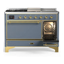 ILVE Majestic III 48-inch Dual Fuel Range with 5 Liquid Propane Burner, Griddle, French Top and Solid Door Electric Oven in Blue Grey with Brass Trim (UM48FSQNR3BGGLP)