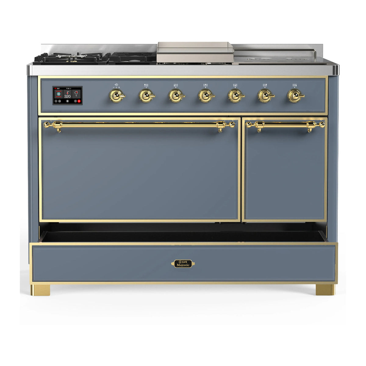 Blue grey dual fuel range with brass trim, cooktop knobs and closed double oven doors.