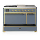 ILVE Majestic III 48-inch Dual Fuel Range with 5 Natural Gas Burner, Griddle, French Top and Solid Door Electric Oven in Blue Grey with Brass Trim (UM48FSQNR3BGG)