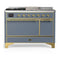 ILVE Majestic III 48-inch Dual Fuel Range with 5 Natural Gas Burner, Griddle, French Top and Solid Door Electric Oven in Blue Grey with Brass Trim (UM48FSQNR3BGG)