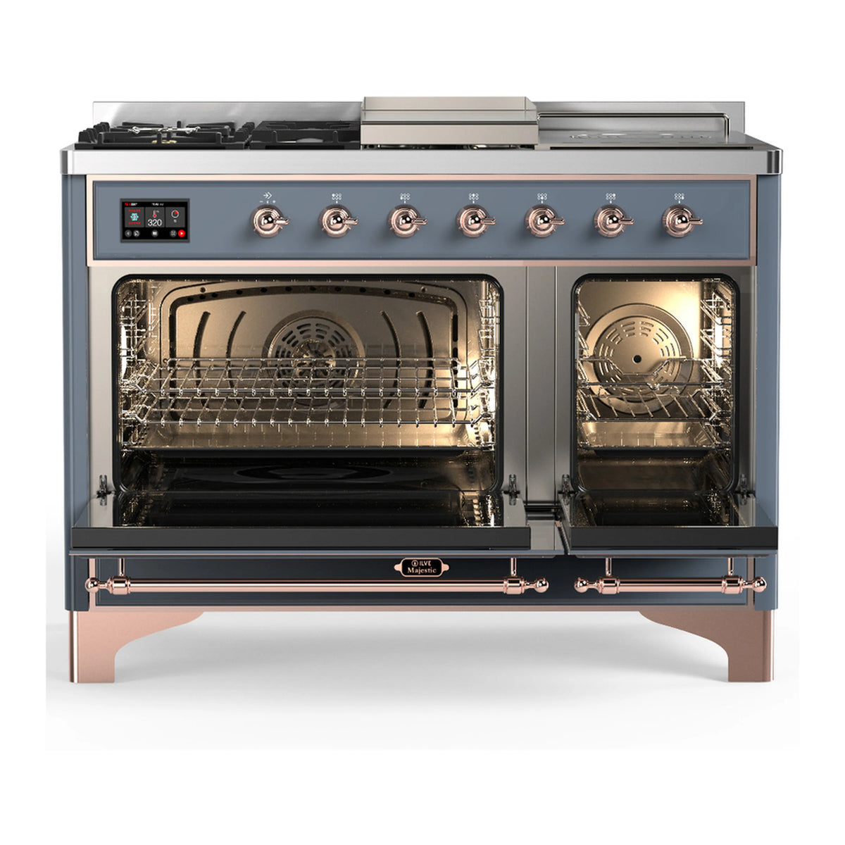 ILVE dual fuel range with both oven doors open, showing metal racks and interior heating chamber