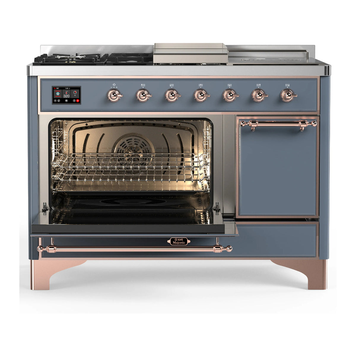 ILVE dual fuel range with oven door open, showing baking rack and oven interior