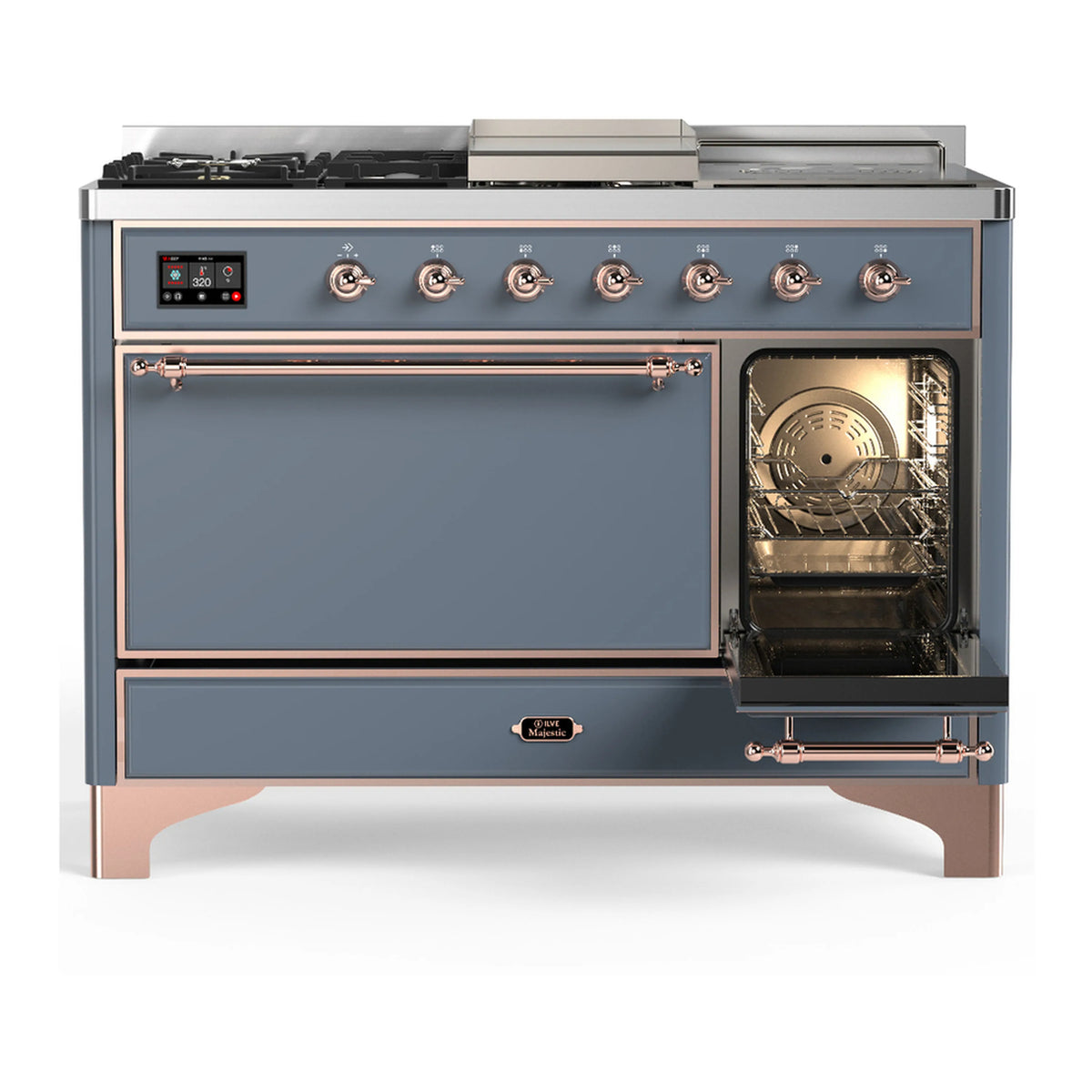 ILVE dual fuel range with right oven door open, showing oven cavity with racks