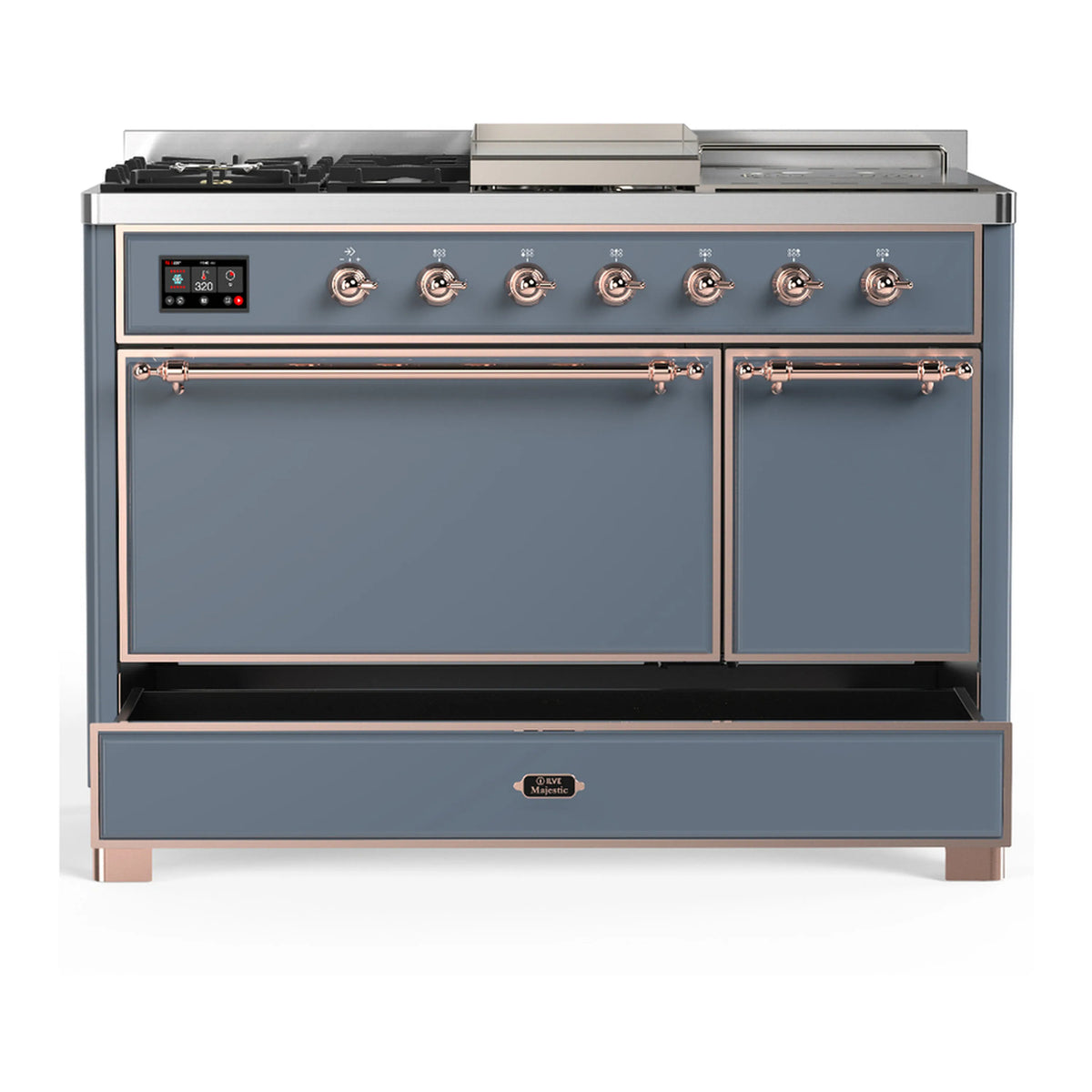 ILVE dual fuel range in blue-grey with copper trim, two front doors and lower storage drawer