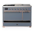 ILVE Majestic III 48-inch Dual Fuel Range with 5 Liquid Propane Burner, Griddle, French Top and Solid Door Electric Oven in Blue Grey with Copper Trim (UM48FSQNR3BGPLP)