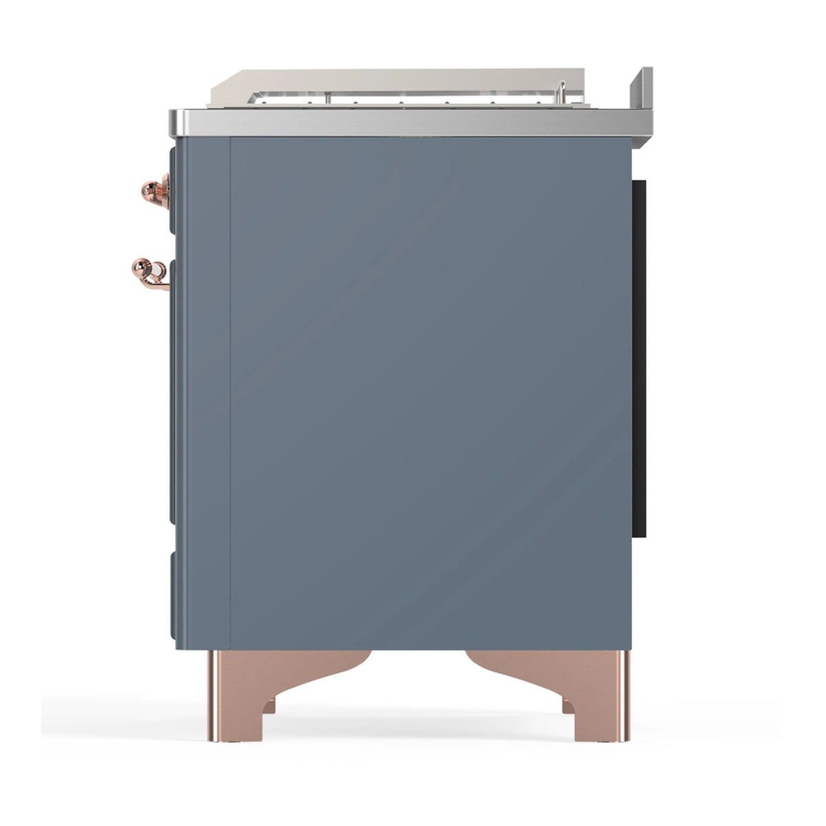 ILVE dual fuel range rear-side view in blue-grey with copper trim legs and side fittings