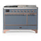 ILVE Majestic III 48-inch Dual Fuel Range with 5 Natural Gas Burner, Griddle, French Top and Solid Door Electric Oven in Blue Grey with Copper Trim (UM48FSQNR3BGP)