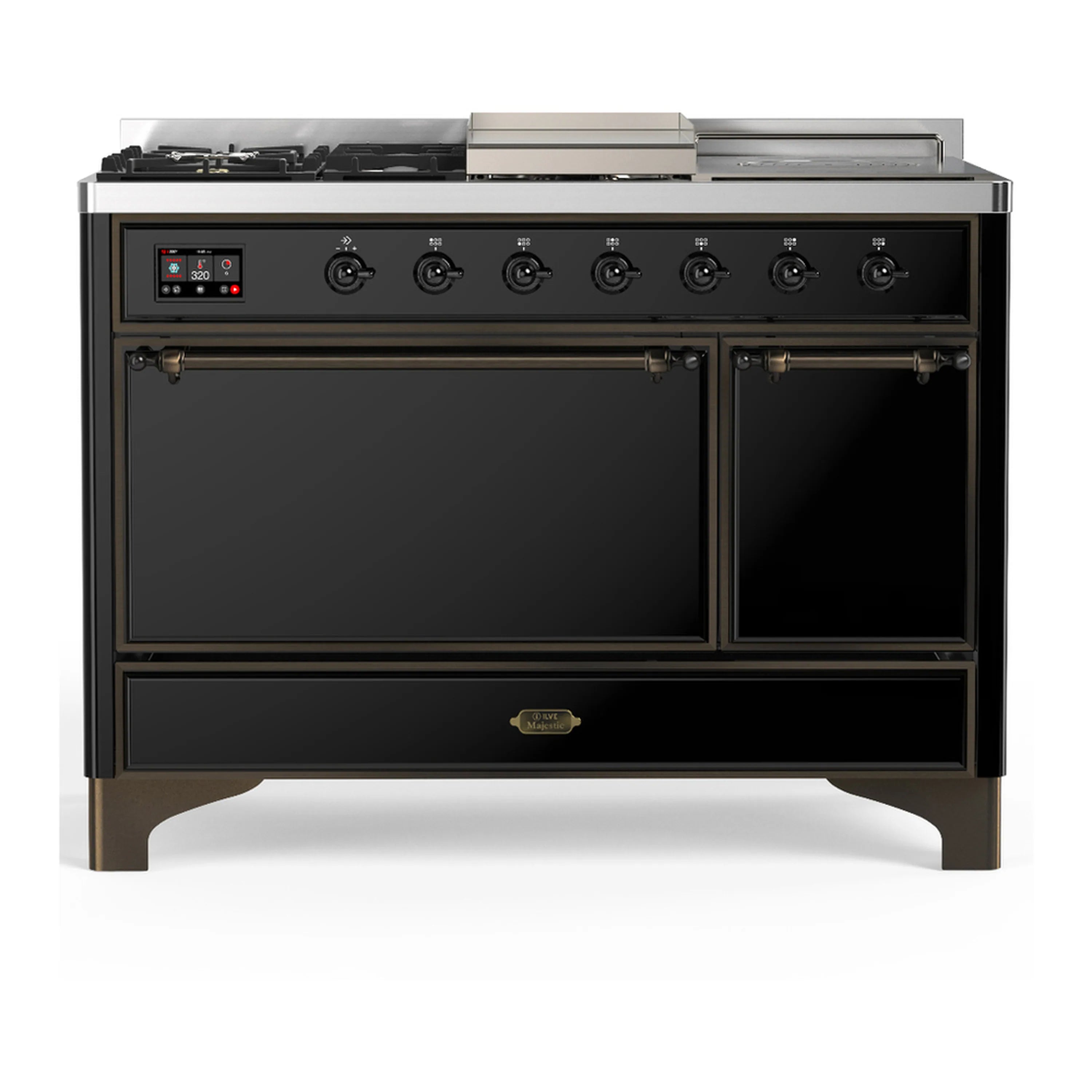 Glossy black dual fuel range with burners and double oven doors open to interior