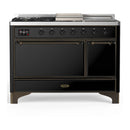 ILVE Majestic III 48-inch Dual Fuel Range with 5 Natural Gas Burner, Griddle, French Top and Solid Door Electric Oven in Glossy Black with Burnished Trim (UM48FSQNR3BKB)