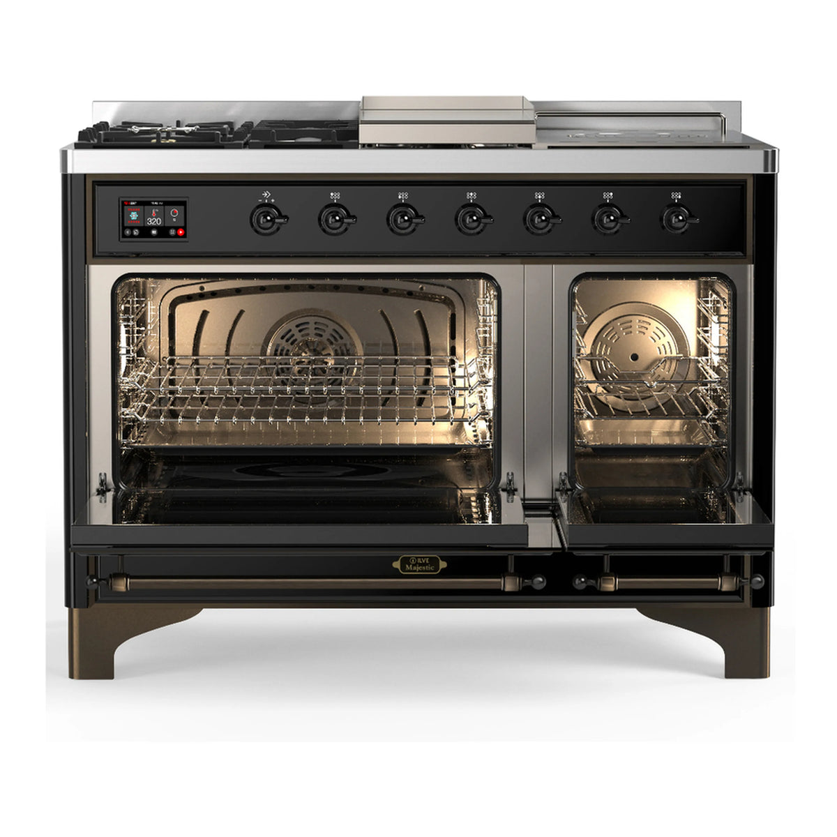 Glossy black dual fuel range with burners, open oven doors, and interior racks