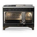 ILVE Majestic III 48-inch Dual Fuel Range with 5 Natural Gas Burner, Griddle, French Top and Solid Door Electric Oven in Glossy Black with Burnished Trim (UM48FSQNR3BKB)