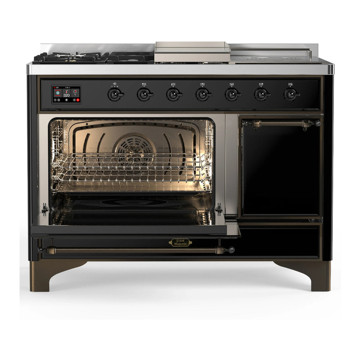 Glossy black dual fuel range with burners and one oven door open, interior visible