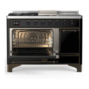 ILVE Majestic III 48-inch Dual Fuel Range with 5 Natural Gas Burner, Griddle, French Top and Solid Door Electric Oven in Glossy Black with Burnished Trim (UM48FSQNR3BKB)
