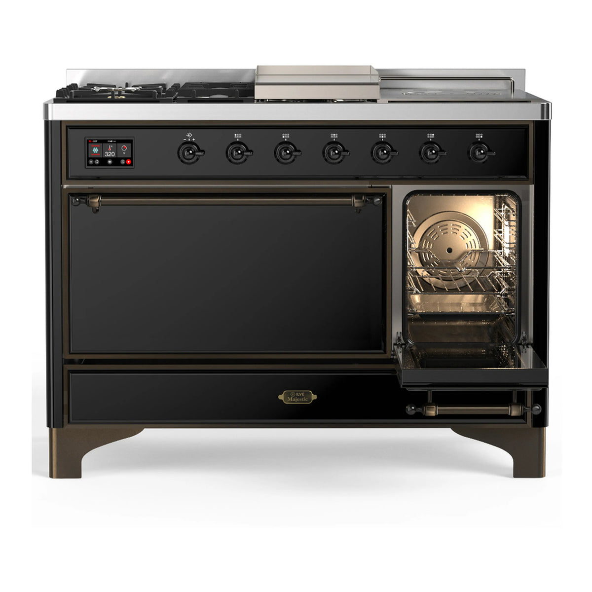 Glossy black dual fuel range with one large oven door closed and another open