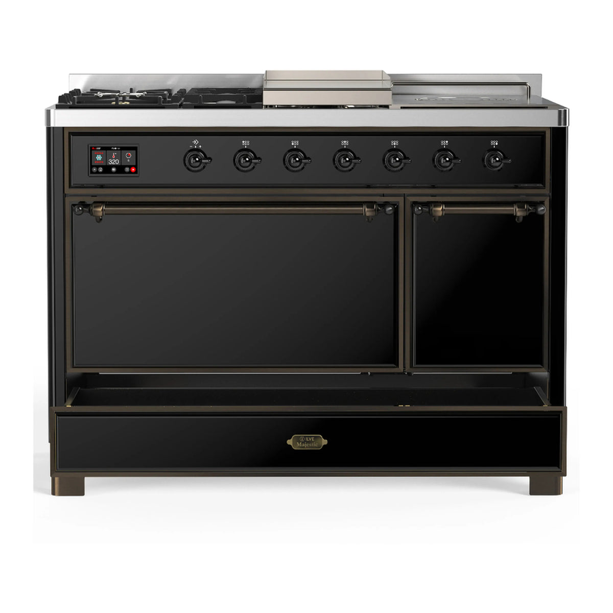 Glossy black dual fuel range with two closed oven doors and control knobs