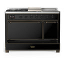 ILVE Majestic III 48-inch Dual Fuel Range with 5 Natural Gas Burner, Griddle, French Top and Solid Door Electric Oven in Glossy Black with Burnished Trim (UM48FSQNR3BKB)
