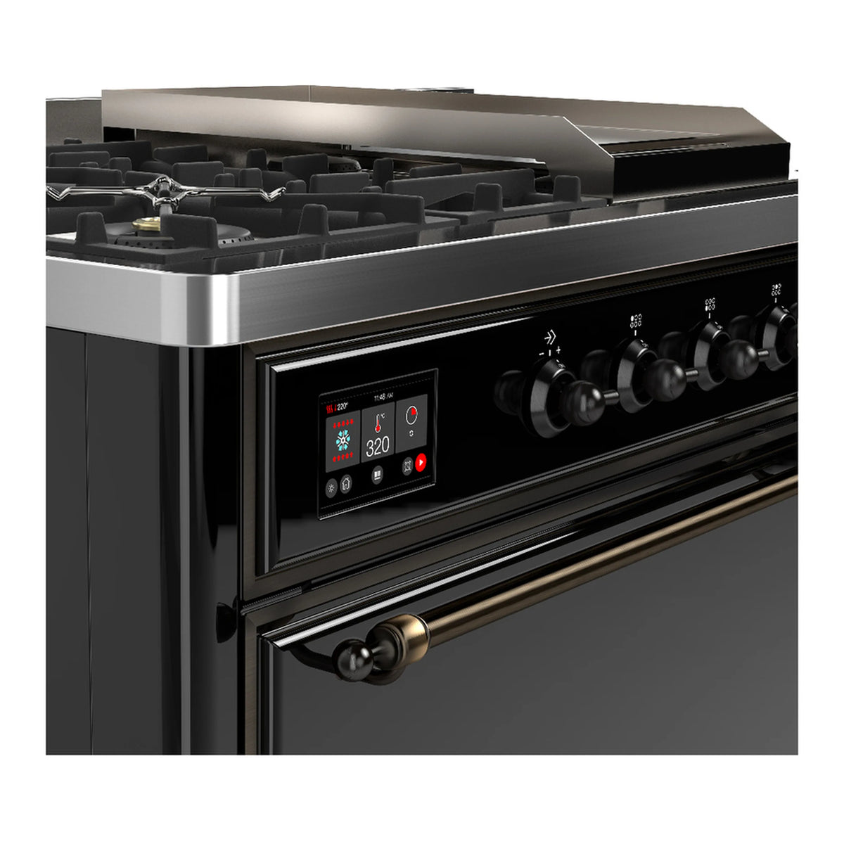 Glossy black dual fuel range control panel with digital display and burner knobs