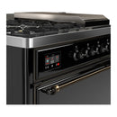 ILVE Majestic III 48-inch Dual Fuel Range with 5 Natural Gas Burner, Griddle, French Top and Solid Door Electric Oven in Glossy Black with Burnished Trim (UM48FSQNR3BKB)
