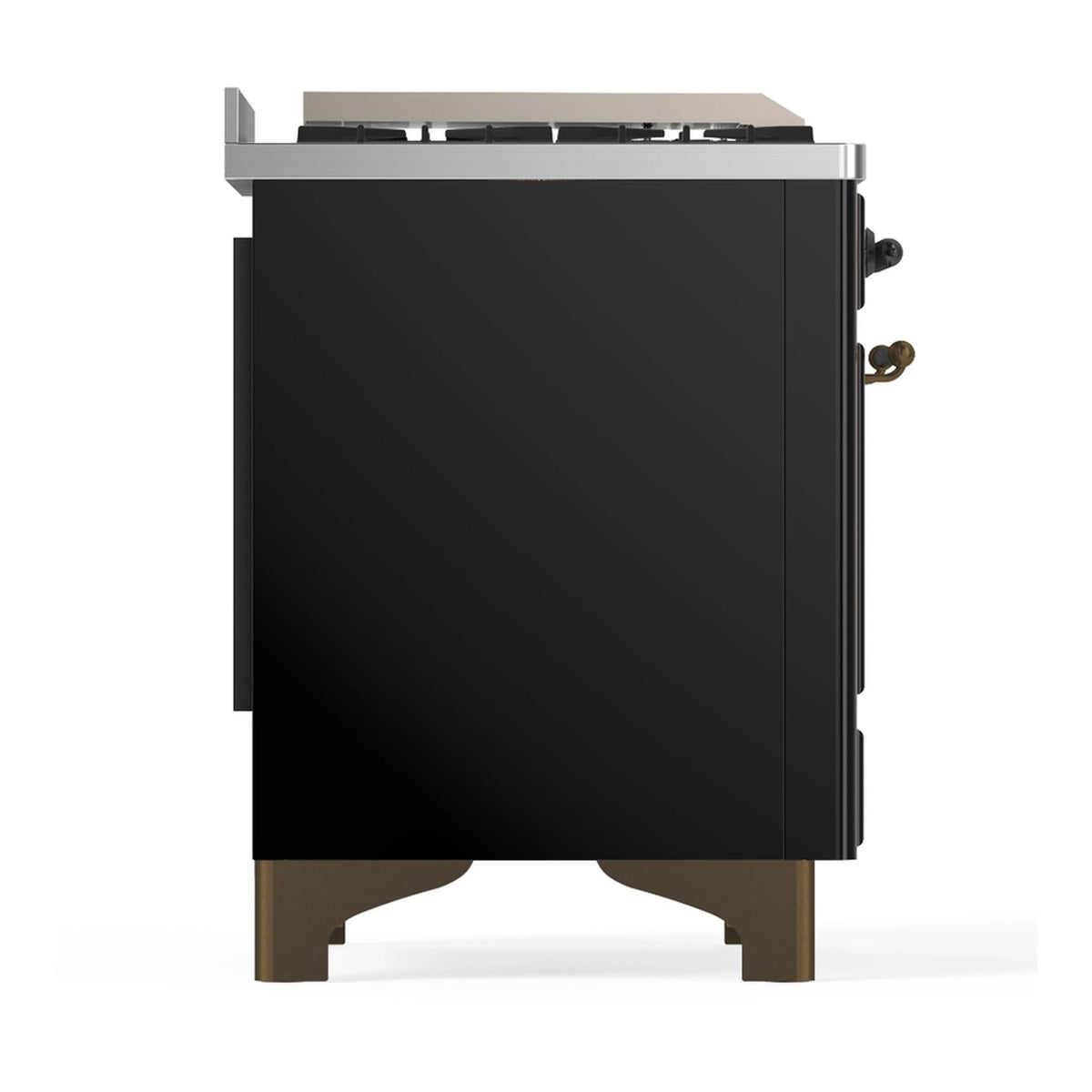 Glossy black dual fuel range side profile with stainless trim and side handles