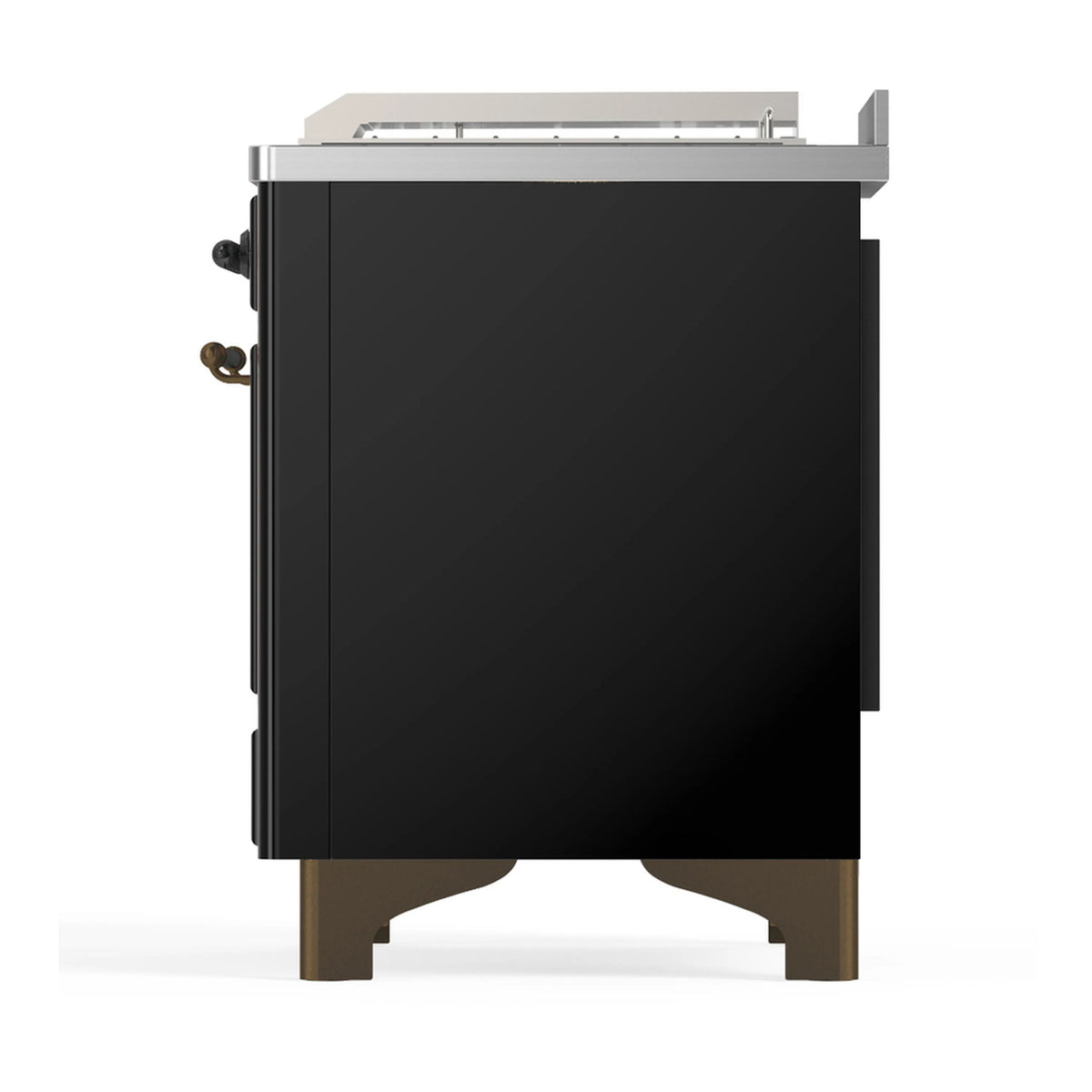 Glossy black dual fuel range rear-facing view with stainless top and side knobs