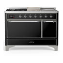 ILVE Majestic III 48-inch Dual Fuel Range with 5 Natural Gas Burner, Griddle, French Top and Solid Door Electric Oven in Glossy Black with Chrome Trim (UM48FSQNR3BKC)