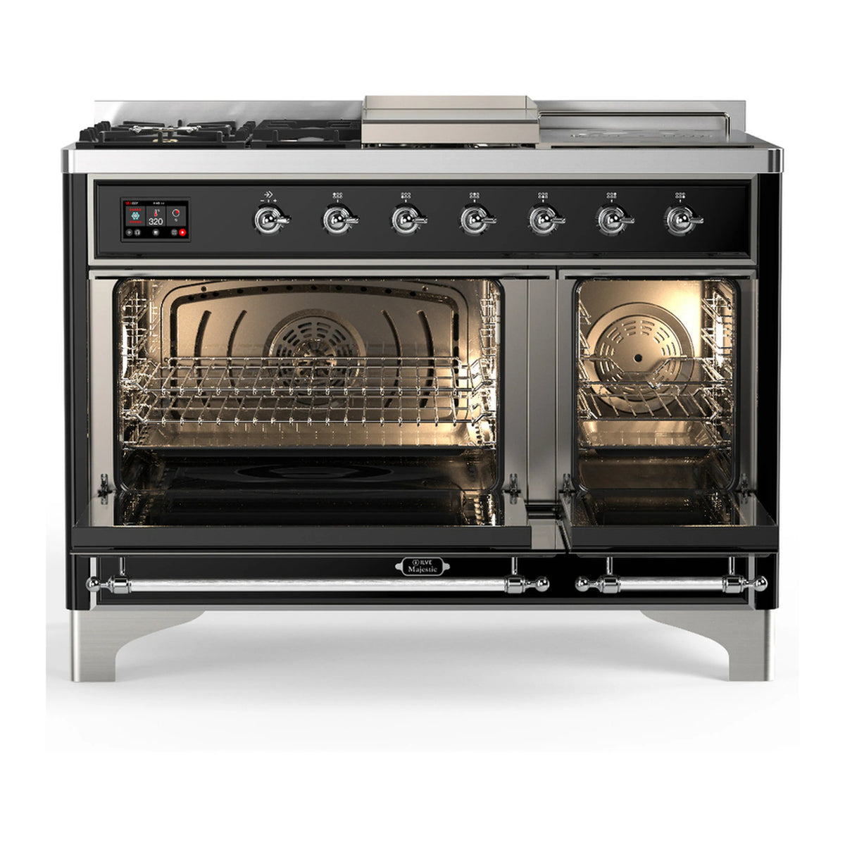 Glossy black dual fuel range with open oven doors showing wire racks