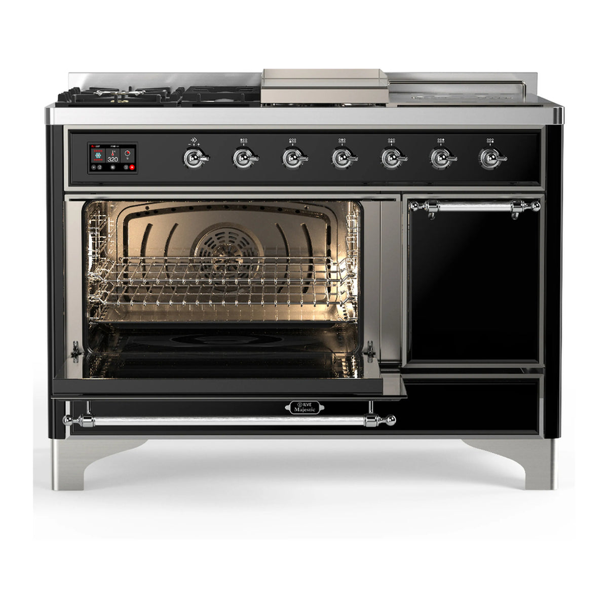 Glossy black dual fuel range with open oven and lit interior with racks