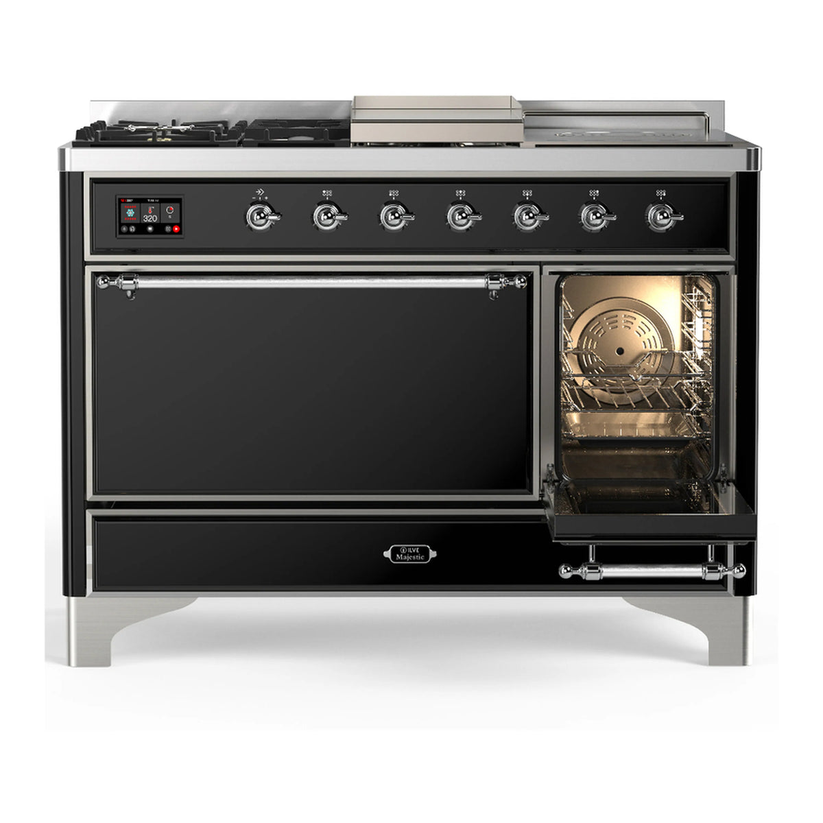 Glossy black dual fuel range with right oven door open and chrome handle