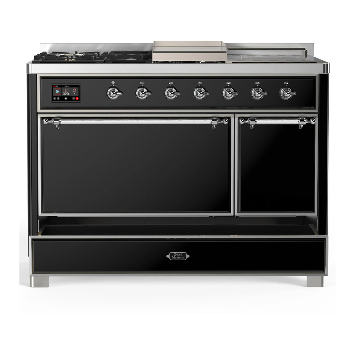 Glossy black dual fuel range with both oven doors closed and chrome trim