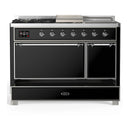 ILVE Majestic III 48-inch Dual Fuel Range with 5 Liquid Propane Burner, Griddle, French Top and Solid Door Electric Oven in Glossy Black with Chrome Trim (UM48FSQNR3BKCLP)
