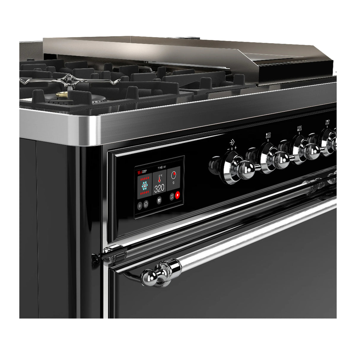 Front control panel of glossy black dual fuel range with chrome knobs