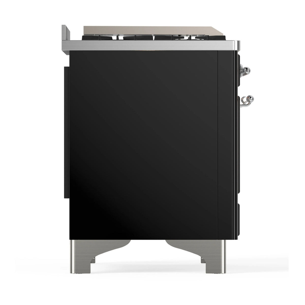 Glossy black dual fuel range side panel with chrome trim and vented top section
