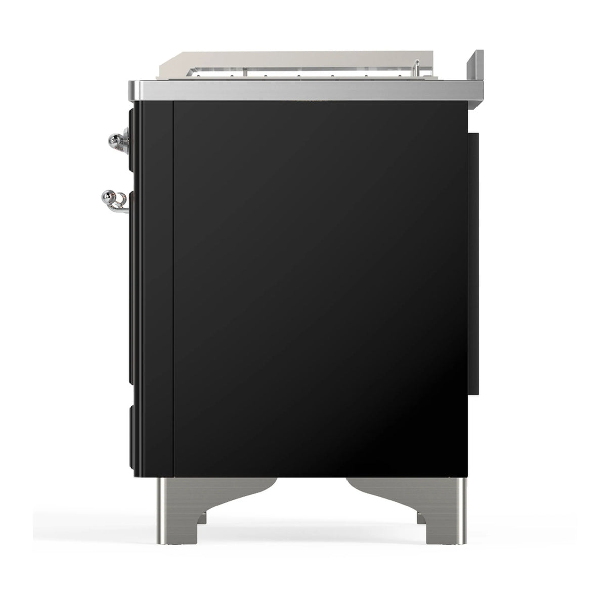 Glossy black dual fuel range end view with chrome trim and top surface