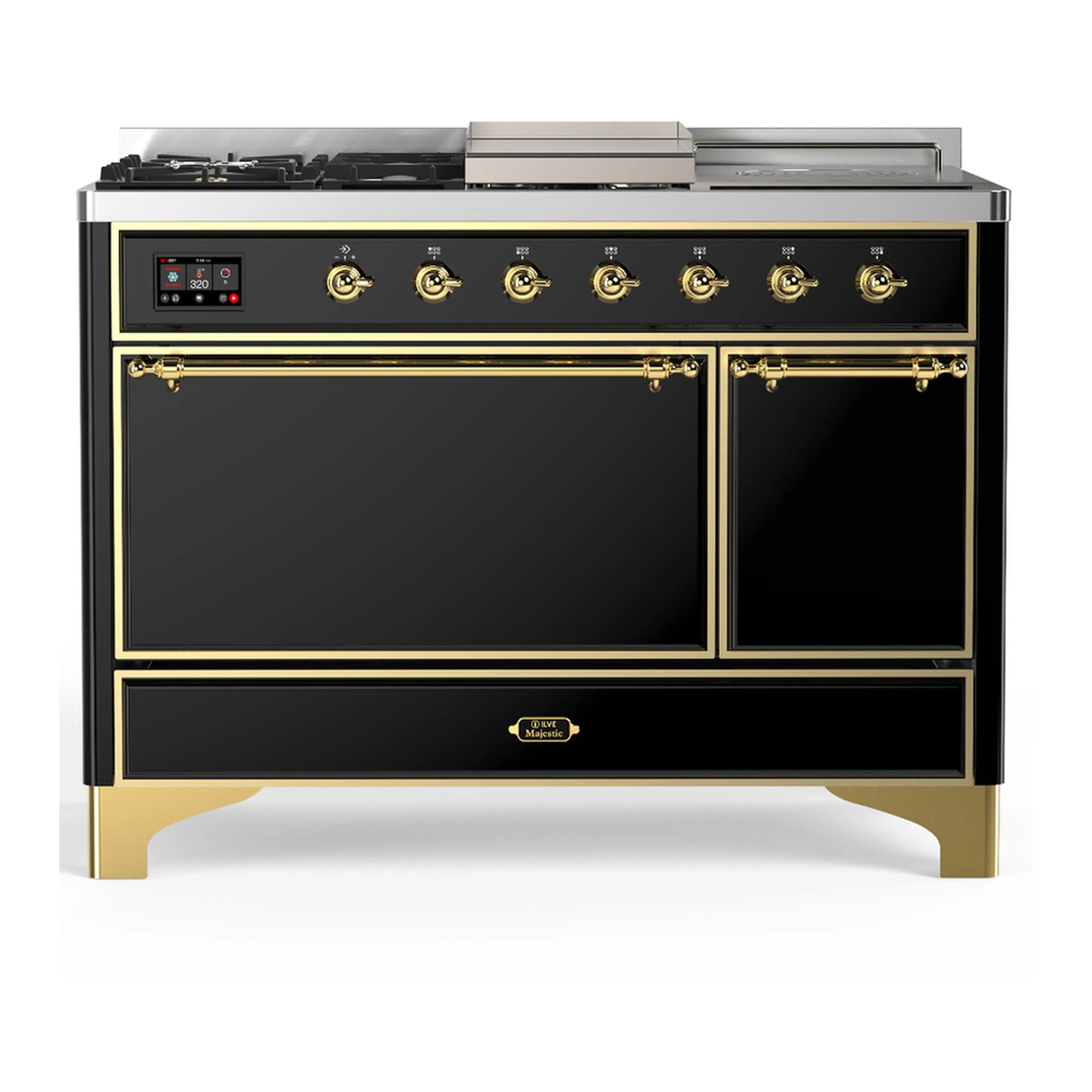 Glossy black dual fuel range with double oven doors closed and brass-trimmed control knobs