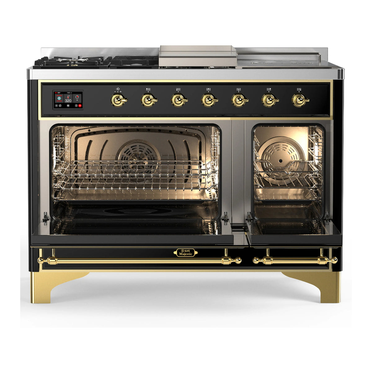 Glossy black dual fuel range with open oven doors, brass trim, and control knobs