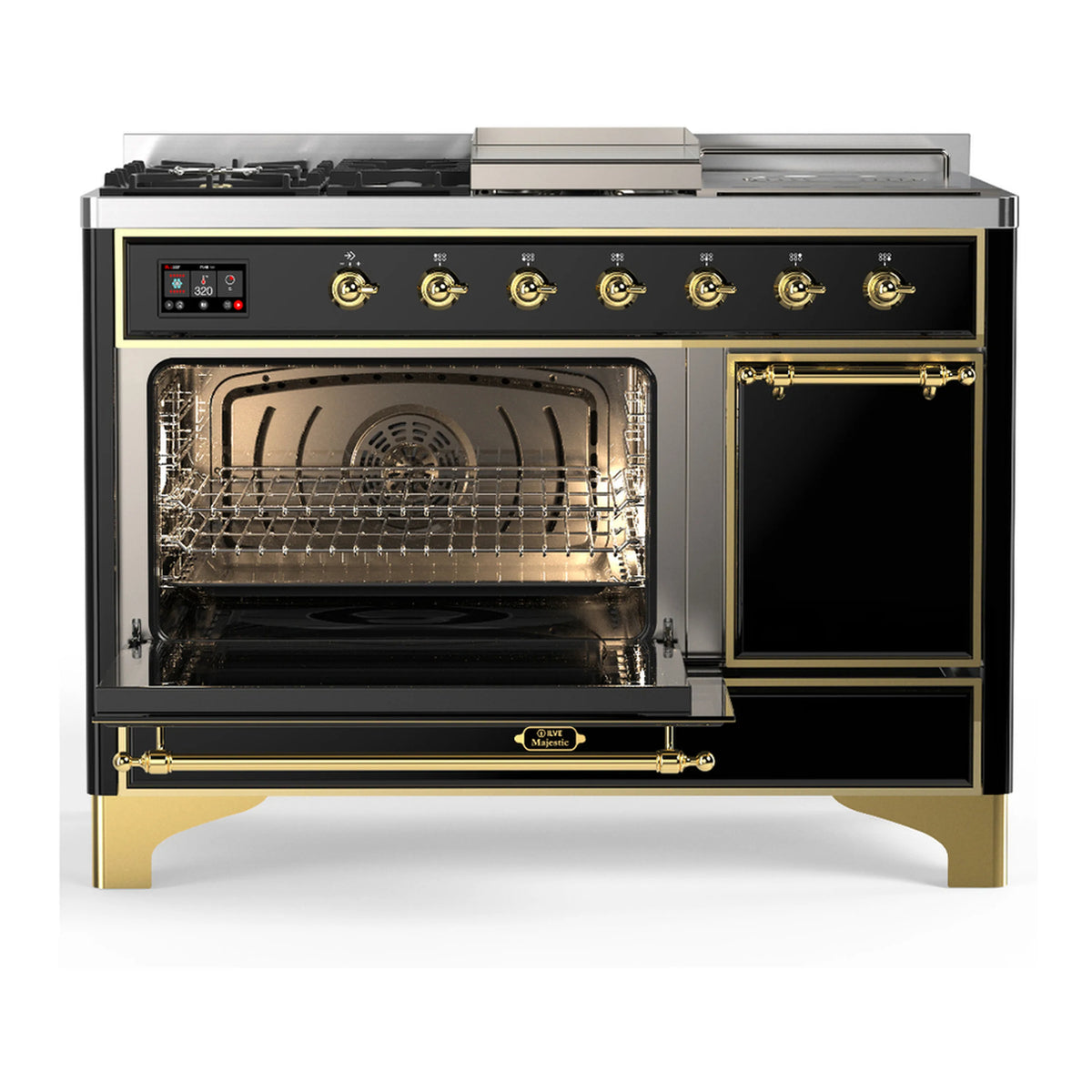 Glossy black dual fuel range with open oven door, brass trim, and burner control panel
